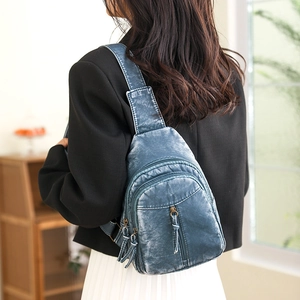 Vintage blue washed PU leather crossbody chest bag with multi-zipper compartments