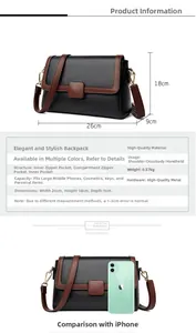 Detailed dimensions of the black and brown flap bag with internal zipper pocket view