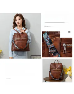 Detail of brown faux leather backpack featuring retro texture and ethnic pattern strap