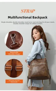Detail of brown PU leather backpack with vintage ethnic style strap and metal hooks