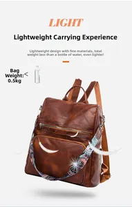 Detail of brown PU leather backpack with ethnic pattern strap and lightweight texture