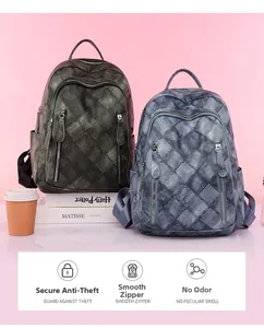Detail of vintage PU leather backpacks with woven texture and anti-theft zipper pockets