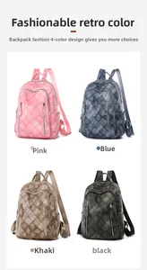 Detailed view of quilted PU leather backpacks in pink, blue, khaki, and black colors