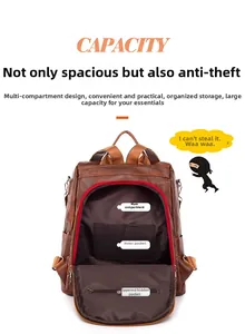 Detail view of large capacity brown PU leather backpack interior with organized pockets