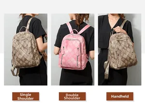 Detailed views of multi-way wearing styles as a backpack, shoulder bag, and handbag