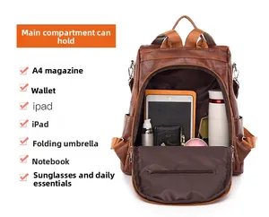 Interior view of brown faux leather backpack showing large capacity for tablet and items