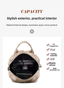 Detail view of large capacity interior for brown PU leather backpack with storage list