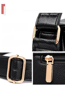Dettagli di fibbie dorate e finiture lucide su borsa in pelle martellata nera