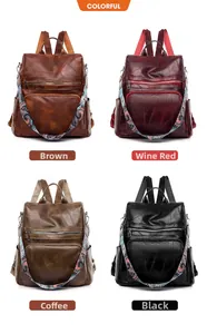 Four colors of women's PU leather backpacks with vintage wax texture and bohemian straps
