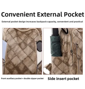 Detail view of brown checkered backpack showing front sub-pockets and side insert pockets