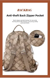 Detail view of anti-theft hidden zipper pocket on brown PU leather backpack for safety