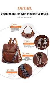 Detail of brown PU leather backpack featuring ethnic style strap and metal hardware