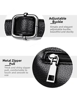 Detail of silver-tone hardware buckles and zipper on black litchi pattern leather bag