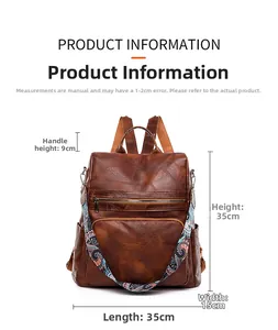 Detailed dimensions of brown PU leather backpack with ethnic style strap and measurements