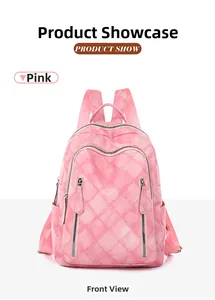 Front view of pink faux leather backpack with geometric texture and vertical zippers