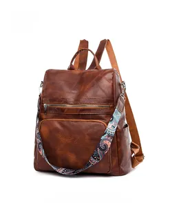 Brown PU leather backpack detail with vintage texture and ethnic print shoulder strap