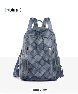 Front view of a blue patchwork backpack featuring vintage quilted patterns and utility zippers