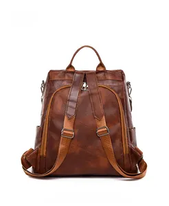 Detailed back view of brown PU leather backpack with adjustable straps and metal buckles