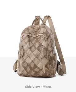 Side view of vintage quilted PU leather backpack in dark khaki with dual zip pockets