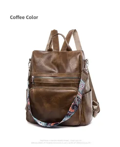 Detail of coffee brown retro backpack with ethnic print straps and textured fabric finish