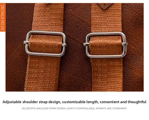 Detail of lychee pattern brown PU leather with adjustable woven shoulder straps and silver buckles