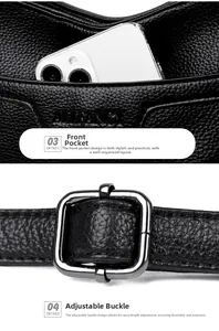 Macro detail of black lychee leather bag with front pocket and metal strap buckle