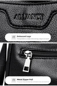 Close-up of embossed logo and silver metallic zipper on black lychee leather bag