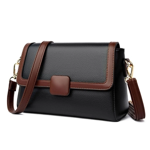 Women Litchi Pattern PU Leather Crossbody Bag Contrast Color Flap Square Shoulder Bag Adjustable Strap Daily Handbag