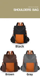 Waterproof contrast backpack in black, brown, and grey with anti-theft back zipper