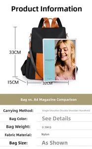 Detailed view showing dimensions 33x32x15cm and weight of the bicolor nylon backpack