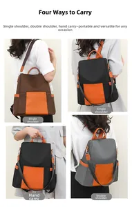 Detail view of large capacity color-block backpacks in brown black and gray colors