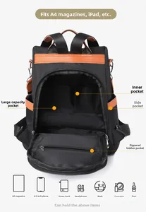 Detail view of large capacity two-tone backpack with multi-pocket storage compartments