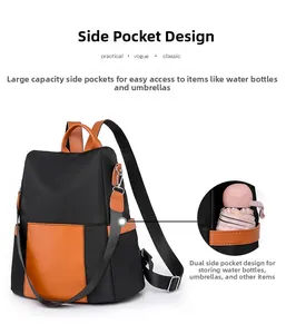 Detail view of the side pocket for water bottle on this stylish two-tone backpack