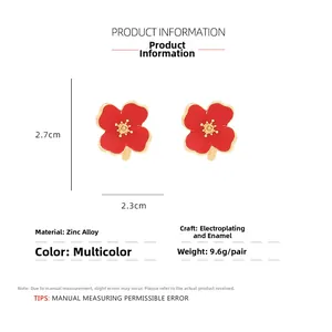 Detailed size specifications for alloy flower earrings with red enamel and gold finish