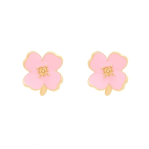 Pink enamel flower stud earrings with golden edges on a clean white background