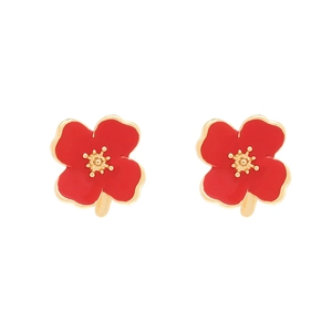 Elegant red enamel flower stud earrings with gold plating on a clean white background