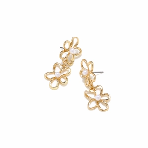 Golden multi-layer hollow flower earrings with imitation pearl centers for women