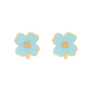 Detail of light blue enamel flower earrings with gold-toned metal petals and stamens