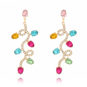 Elegant gold vine earrings with multi-color crystal drops and micro-diamond accents