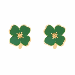 Detail view of green enamel four-leaf clover earrings with golden floral center accents