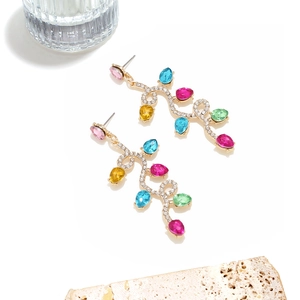 Chic gold earrings featuring festive colorful light bulb pendants with sparkling crystals