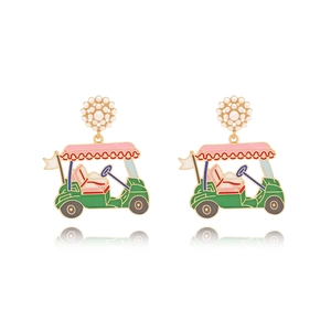 Exquisite golf cart drop earrings with pearl flower studs and colorful enamel details