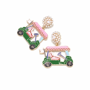 Exquisite golf car earrings with colorful enamel details and white pearl floral studs