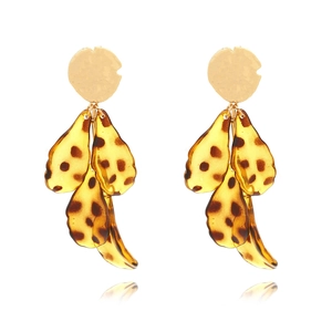 Fashion long layered leopard leaf drop earrings in gold and amber acetate for women