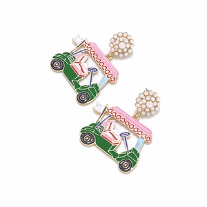 Green and pink golf car stud earrings with round pearl accents in a playful style