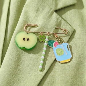 Alloy Pin Brooch With Green Apple Beverage Cup Four Leaf Clover Artificial Pearl Beads Charms Summer Tropical Style For Women