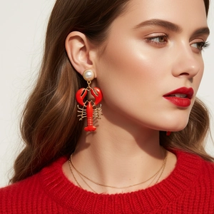 Lobster Animal Drop Earrings Alloy Enamel Dangle With Faux Artificial Pearl And Stainless Steel Earring Post Fashion For Women