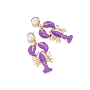 Exquisite purple lobster earrings with gold edges and round faux pearl studs for women