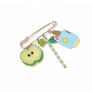 Green fruit and cocktail charms brooch with apple and clover on gold pin
