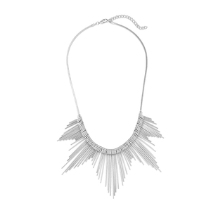 Chic silver layered fringe necklace with tiered metal bars on a sleek snake chain